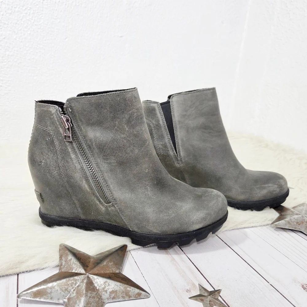 Sorel Joan of Arctic II Wedge Zip Bootie gray distress leather Women's Size 9.5